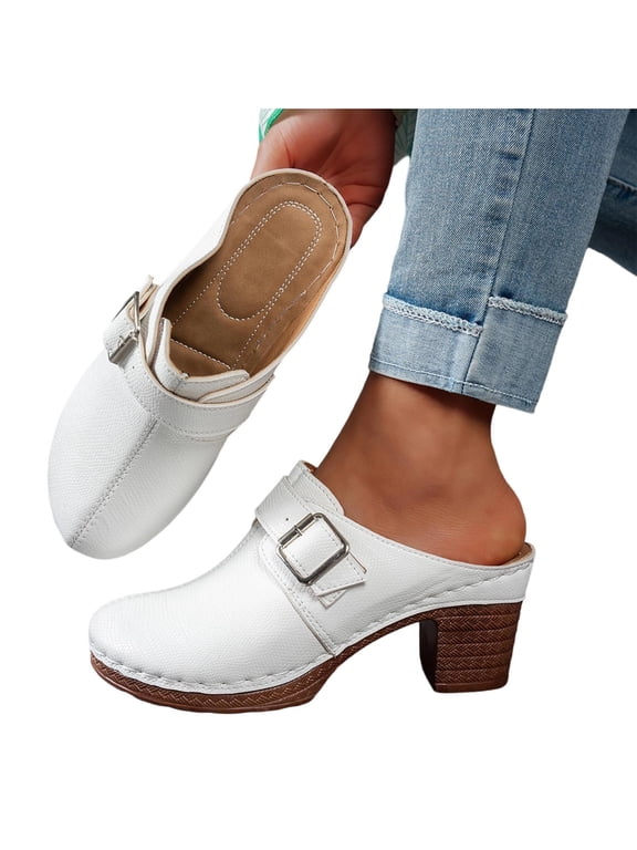 Women'S Buckle Chunky Heel Mules Closed Toe Solid Color Soft Faux Leather Slides With Wooden Block Heel For Daily Wear, A-White