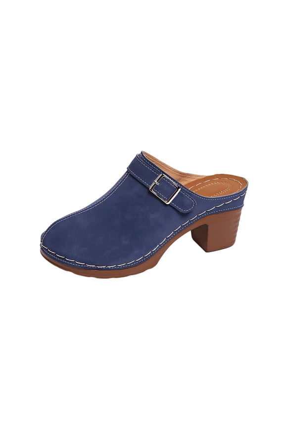 Women'S Buckle Chunky Heel Mules Closed Toe Solid Color Soft Faux Leather Slides With Wooden Block Heel For Daily Wear, B-Blue