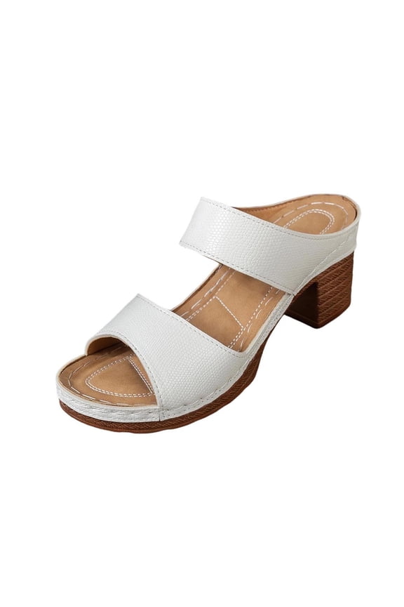 Women'S Double Straps Chunky Heel Mules Open Toe Soft Faux Leather Slides With Wooden Block Heel For Daily Wear, White