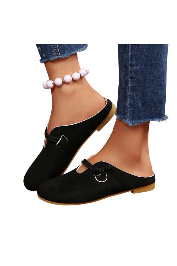 Women'S Flat Mule Slippers Closed Toe Fabric Comfort Slides With Chinese Knot Buttons For Casual Chic, Black