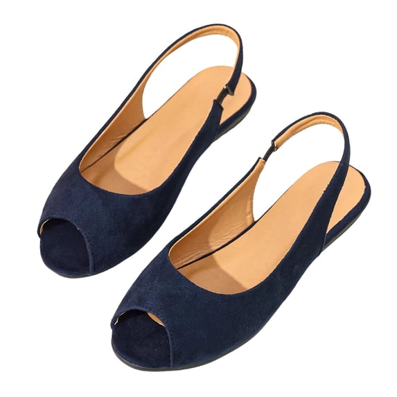 Gpaecead Women'S Peep Toe Slingback Flat Sandals Faux Suede Soft Sole Slip On Spring Summer Indoor Outdoor Office Casual Navy