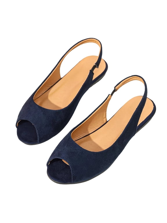 Women'S Peep Toe Slingback Flat Sandals Faux Suede Soft Sole Slip On Spring Summer Indoor Outdoor Office Casual Navy