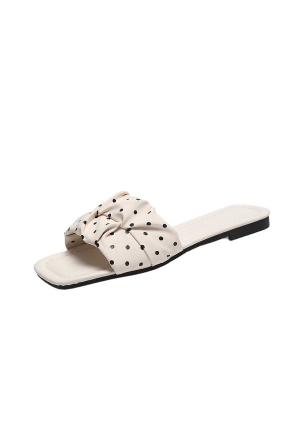 Women'S Polka Dot Ruffle Flat Sandals Square Open Toe Soft Sole Beach Slides For Summer Vacation Resort Wear, White