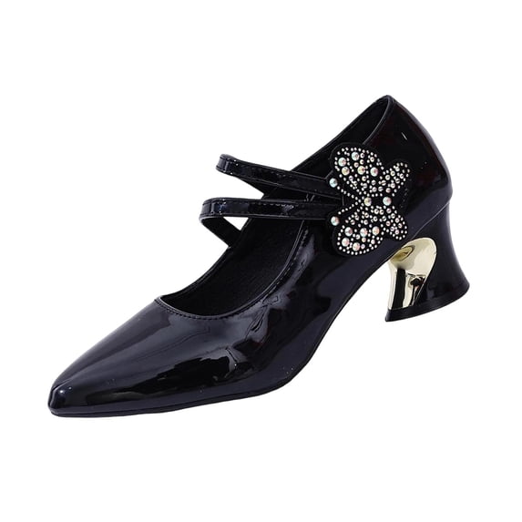 Gpaecead Women'S Rhinestone Butterfly Pointed Toeer High Heel Shoes Plus Size Patent Leather Comfortable For Spring Summer Work Party Black