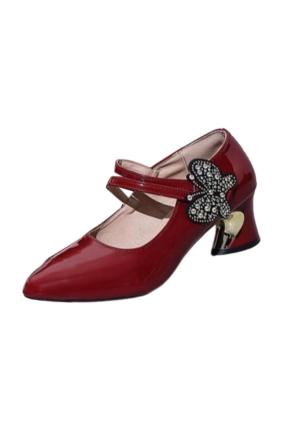 Women'S Rhinestone Butterfly Pointed Toeer High Heel Shoes Plus Size Patent Leather Comfortable For Spring Summer Work Party Burgundy