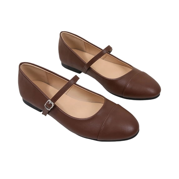Gpaecead Women'S Round Toe Buckle Shoes Low Heel Plus Size Soft Faux Leather Low Cut Comfortable Casual For Spring Summer Work Date Brown