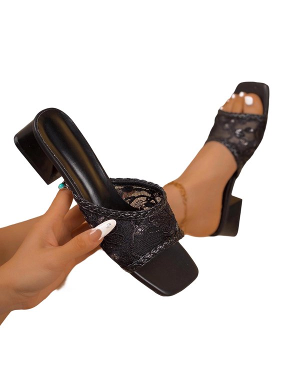 Women Sequin Lace Chunky Heel Mules Square Toe Backless Spring Summer Party Wedding Fairy Style Shoes,Black