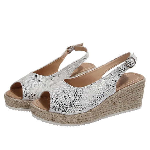 Gpaecead Women Embossed Open Toe Wedge Sandals Jute Thick Sole Plus Size Shoes Spring Summer Beach,A-White