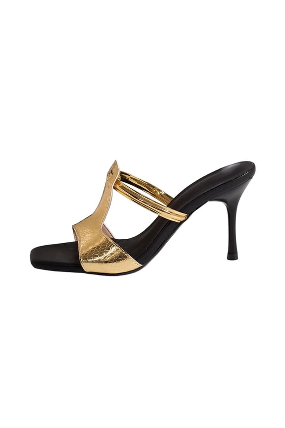 Women Stiletto Heel Mules Square Toe Metallic Backless Cushioned Plus Size Spring Summer Height Elegant Shoes,Gold