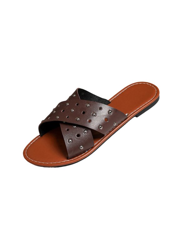 Women Studded Perforated Flat Slide Sandals Cushioned Footbed Non Slip Plus Size Shoes Spring Summer Street Style,Brown