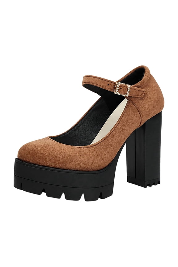 Women Chunky Super High Heel Stage Shoes Closed Toe Faux Suede Ankle Strap Rhinestone Buckle Flock Texture, Yellow