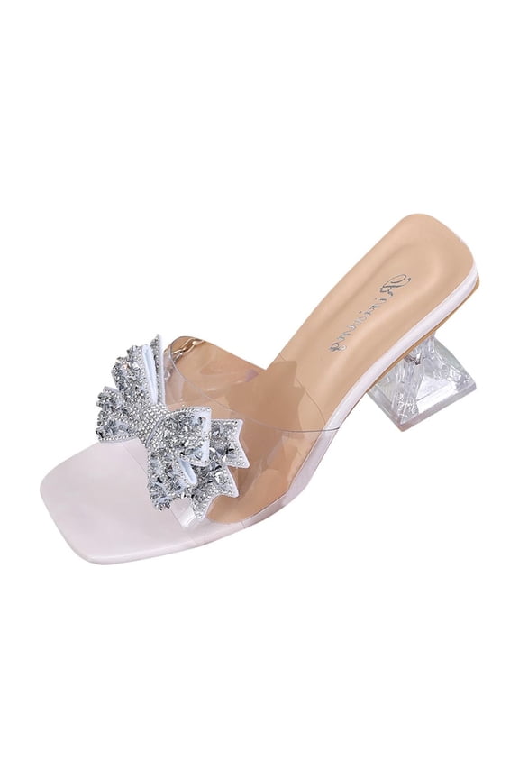 Women Transparent Rhinestone Bow Mid Heel Mules Clear Block Heel One Strap Spring Summer Party Height Elegant Shoes,Beige