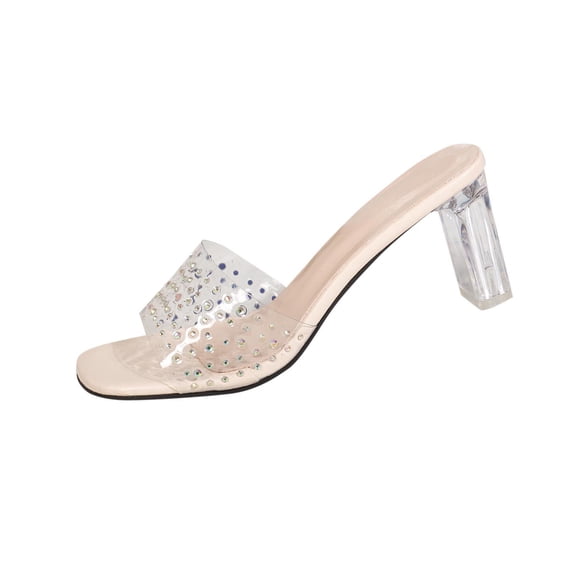 Gpaecead Women Transparent Rhinestone Chunky Heel Mules Square Open Toe Sparkling Plus Size Shoes Spring Summer Party,Beige