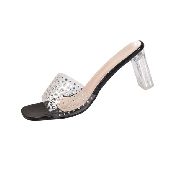 Gpaecead Women Transparent Rhinestone Chunky Heel Mules Square Open Toe Sparkling Plus Size Shoes Spring Summer Party,Black