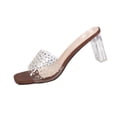 thumbnail image 1 of Gpaecead Women Transparent Rhinestone Chunky Heel Mules Square Open Toe Sparkling Plus Size Shoes Spring Summer Party,Brown, 1 of 8