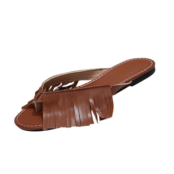 Gpaecead Women Vintage Fringe Flat Flip Flops Solid Color Cushioned Non Slip Spring Summer Beach Casual Shoes,Brown