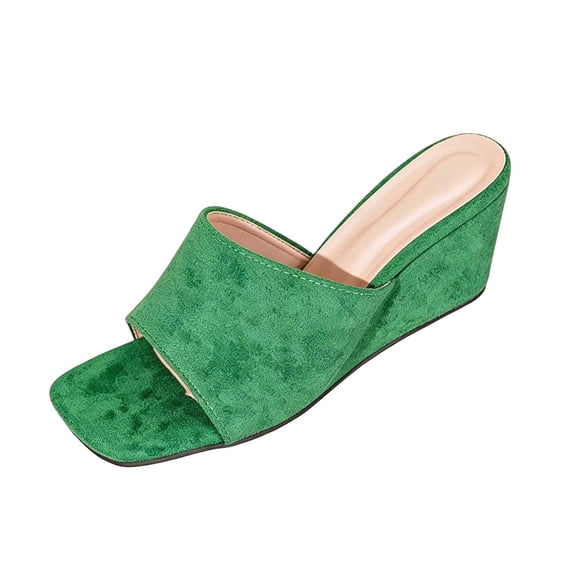 Gpaecead Women Wedge Slippers Square Open Toe Flocked Fabric Slip On Heeled Mules Summer Dress Slipper Shoes, Green