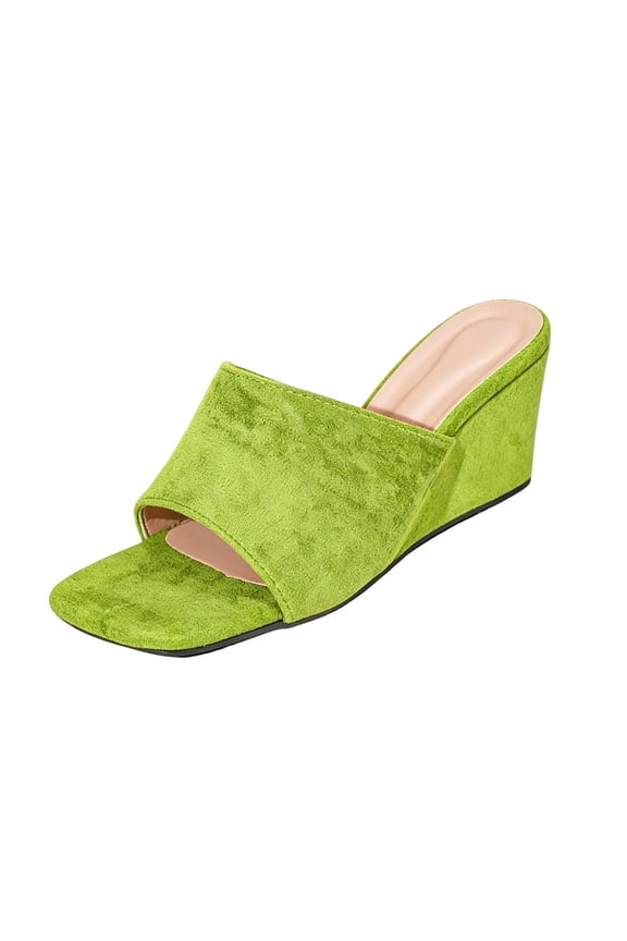 Women Wedge Slippers Square Open Toe Flocked Fabric Slip On Heeled Mules Summer Dress Slipper Shoes, Mint Green