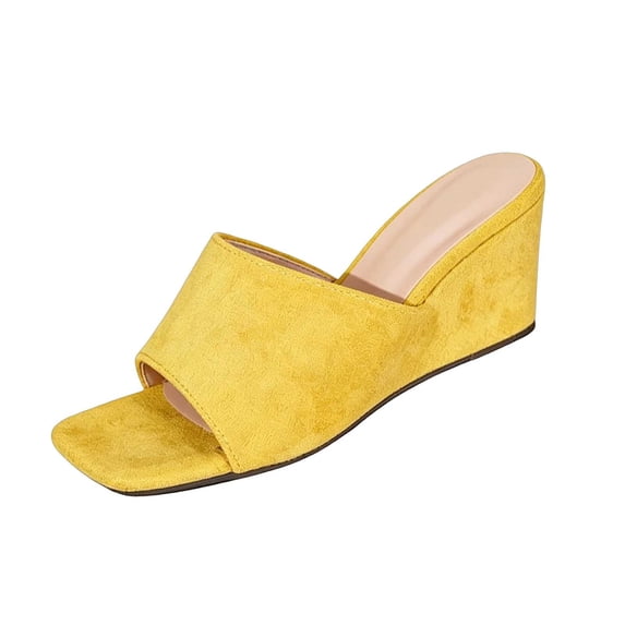 Gpaecead Women Wedge Slippers Square Open Toe Flocked Fabric Slip On Heeled Mules Summer Dress Slipper Shoes, Yellow