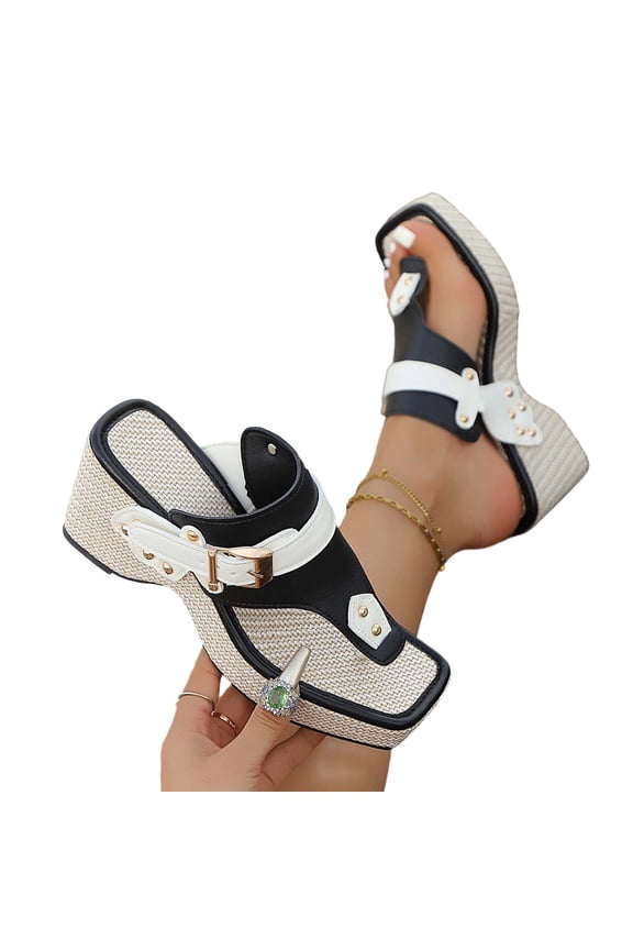 Women Wedge Thong Sandals Square Toe Woven Fabric Studded Straps Cushioned Plus Size Spring Summer Beach Bohemian Shoes,Black