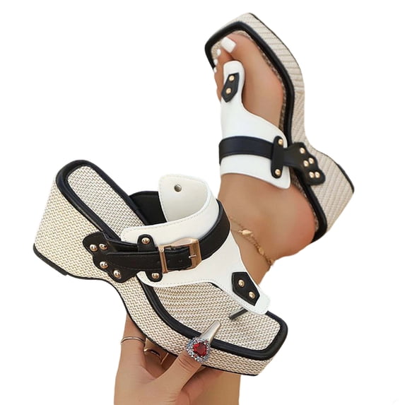 Gpaecead Women Wedge Thong Sandals Square Toe Woven Fabric Studded Straps Cushioned Plus Size Spring Summer Beach Bohemian Shoes,White