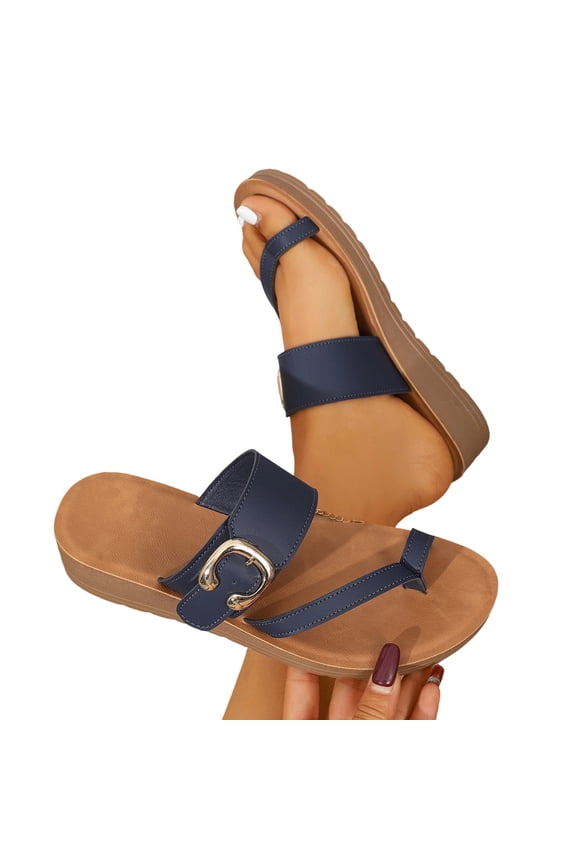Women Wedge Toe Ring Sandals Metal Buckle Adjustable Cushioned Footbed Plus Size Spring Summer Beach Shoes,Blue
