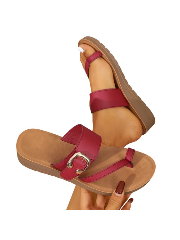 Women Wedge Toe Ring Sandals Metal Buckle Adjustable Cushioned Footbed Plus Size Spring Summer Beach Shoes,Red