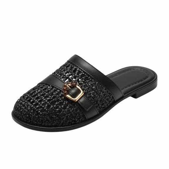 Gpaecead Women Woven Hollow Out Beach Slippers Closed Toe Breathable Soft Sole Ornamental Buckle Summer Slides, Black