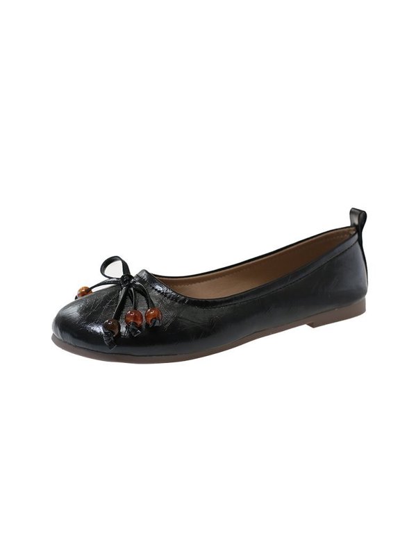Women's Beaded Bow Ballet Flats French Sweet Faux Leather Round Toe Slip On Shoes with Non Slip Sole for Date Black