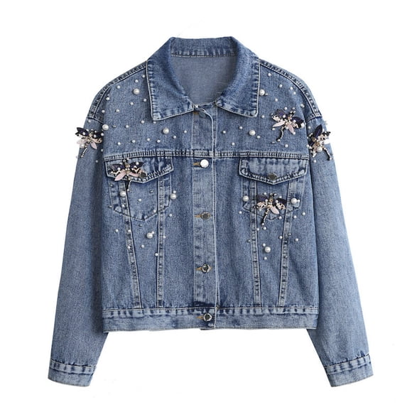 Gpaecead Women's Beaded Denim Jacket - Embroidered Embroidery Casual Long Sleeve Jacket Blue
