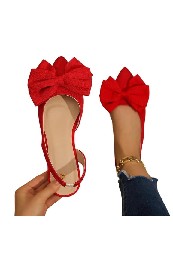 Women's Big Bow Flats Slingback Pointed Closed Toe Cushioned Insole Non Slip Shoes For Work And Weddings, Red