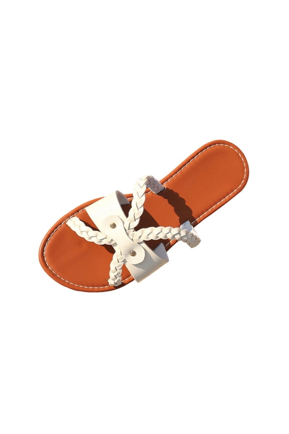 Women's Bohemian Woven Strap Flat Sandals Twisted Braided Design Open Toe Slides For Summer Casual, White