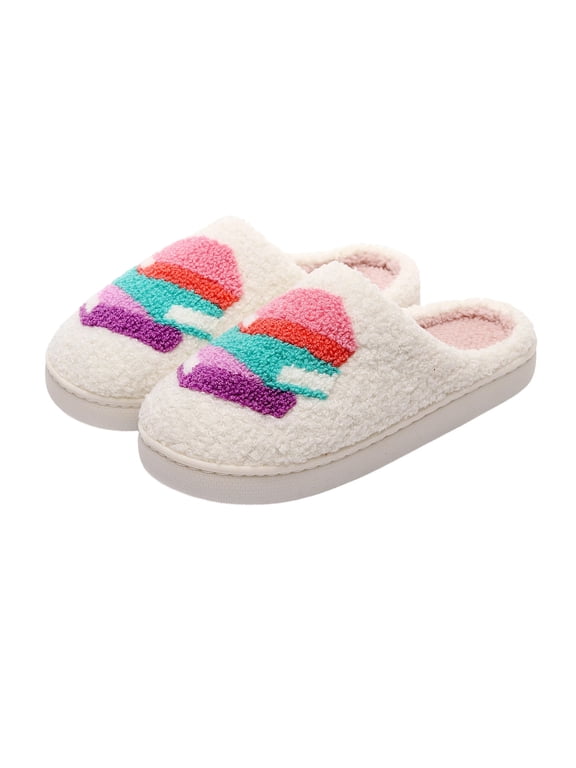 Women's Book Stack Applique Plush Slippers Closed Toe Colorful Chenille Embroidery Warm Non Slip House Shoes for Lounge White