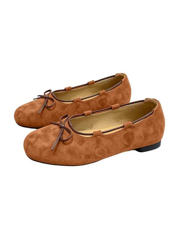 Women's Bow Ballet Flats Faux Suede French Retro Adjustable Cord Slip On Shoes with Non Slip Sole for Causal Brown