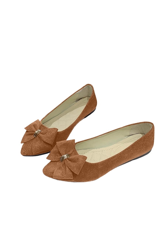 Women's Bow Ballet Flats Pointed Closed Toe Faux Suede Quilted Cushioned Insole Non Slip Shoes For Work And Dates, Brown