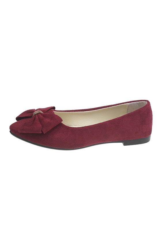 Women's Bow Ballet Flats Pointed Closed Toe Faux Suede Quilted Cushioned Insole Non Slip Shoes For Work And Dates, Burgundy