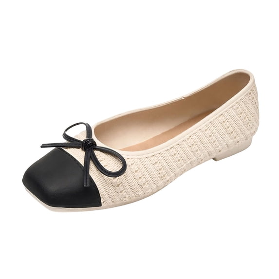 Gpaecead Women's Bow Ballet Flats Square Toe Cap Toe Knit Slip On Cushioned Comfortable Dressy Flats For Work And Casual Beige