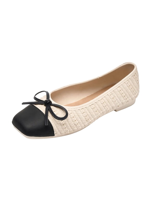Women's Bow Ballet Flats Square Toe Cap Toe Knit Slip On Cushioned Comfortable Dressy Flats For Work And Casual Beige