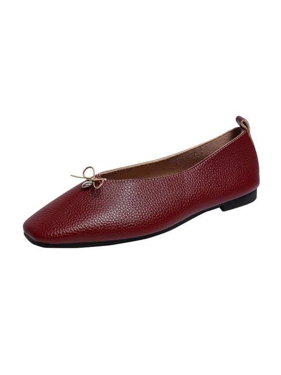 Women's Bow Ballet Flats Square Toe Faux Leather Slip On Flat Shoes with Heart Charm for Office Daily Wear Burgundy