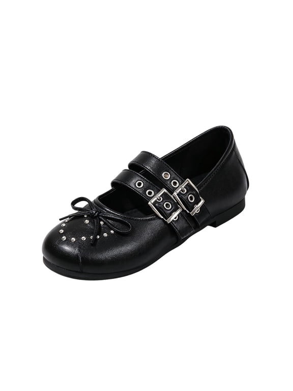 Women's Bow Double Buckle Mary Jane Flats Round Toe Faux Leather Slip On Vintage Ballet Shoes With For Work And Casual Black