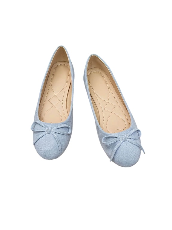 Women's Bow Flat Ballet Shoes Closed Toe Low Cut Faux Suede Soft Sole Comfort Spring Versatile Casual Flats, B-Light Blue