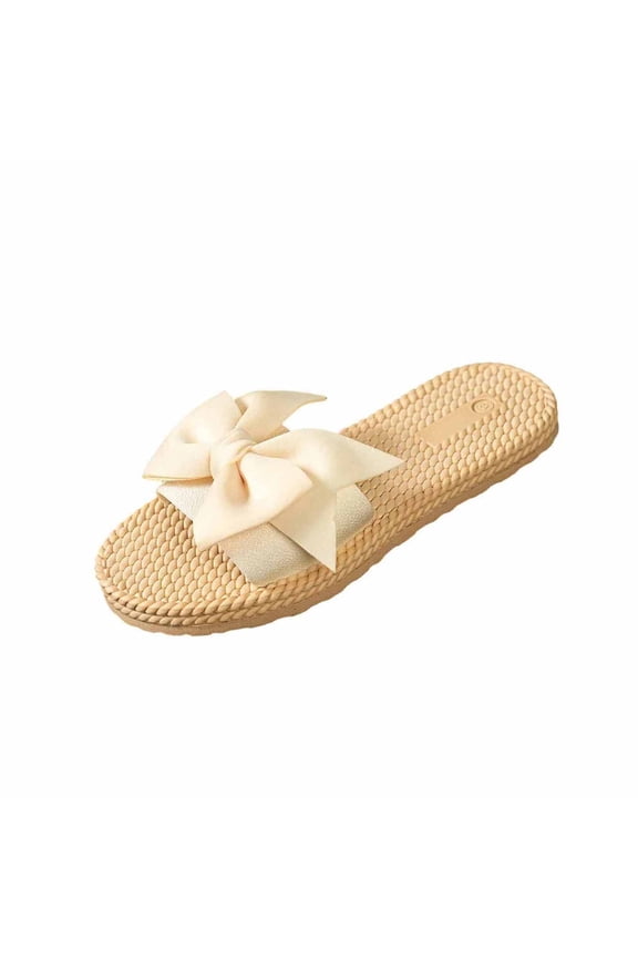 Women's Bow Flat Slippers Open Toe Textured Rattan Soft Sole Slides For Beach Summer Boho Style, Beige