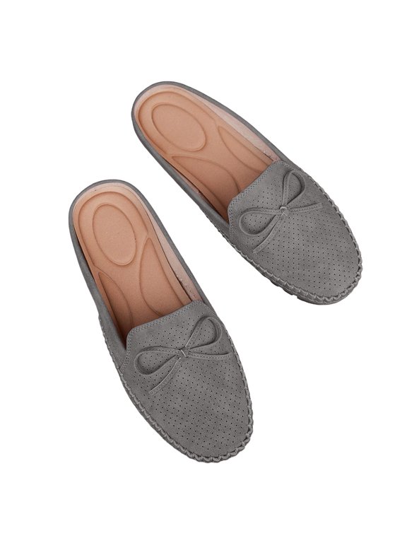 Women's Bow Hollow Out Mules Faux Suede Breathable Slip On Shoes with Arch Support Cushioned Insole for Causal Gray