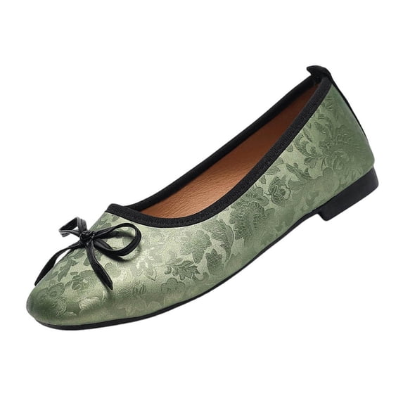 Gpaecead Women's Bow Jacquard Ballet Flats Round Toe Faux Leather Slip On Comfortable Dressy Shoes For Work And Casual Green