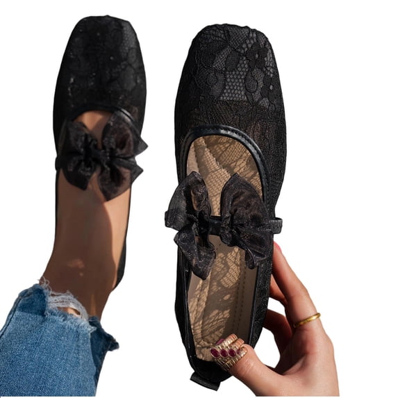 Gpaecead Women's Bow Lace Mary Jane Flats Square Toe Breathable Mesh Non Slip Shoes For Summer And Casual, Black
