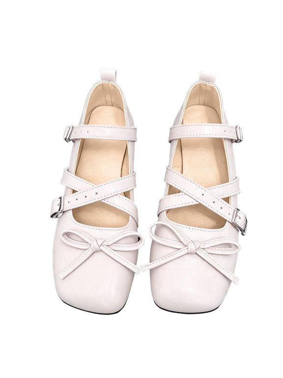 Women's Bow Mary Jane Flats French Retro Cross Strap Square Toe Shoes with Cushioned Insole for Work Date White