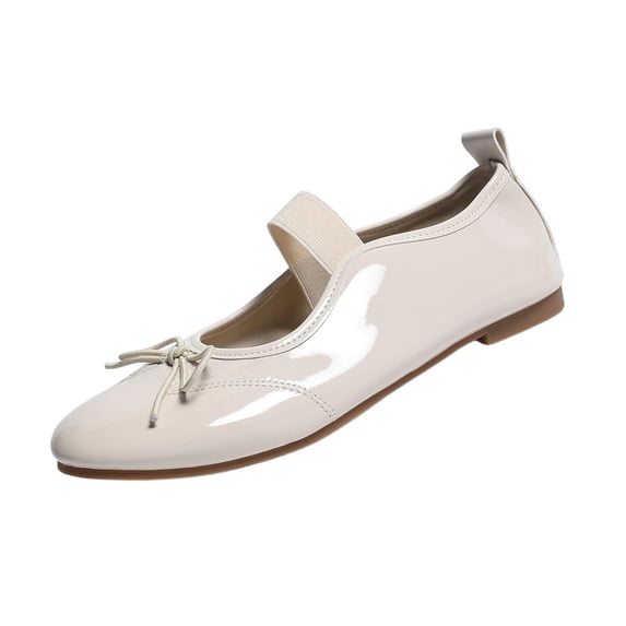 Gpaecead Women's Bow Mary Jane Flats Glossy Patent Leather Slip On Cushioned Comfort Shoes With Elastic Strap For Office, Campus And Date Beige