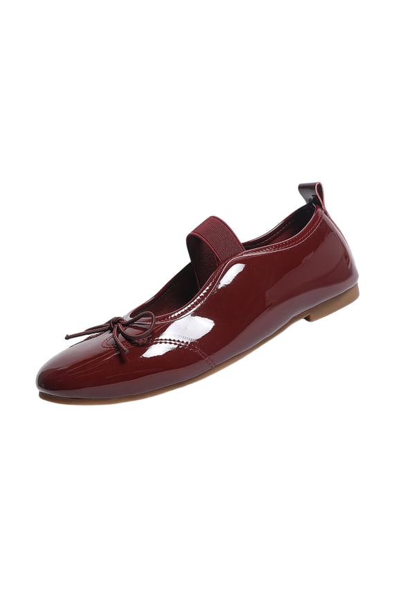 Women's Bow Mary Jane Flats Glossy Patent Leather Slip On Cushioned Comfort Shoes With Elastic Strap For Office, Campus And Date Burgundy