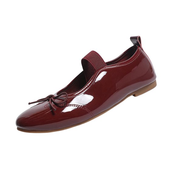 Gpaecead Women's Bow Mary Jane Flats Glossy Patent Leather Slip On Cushioned Comfort Shoes With Elastic Strap For Office, Campus And Date Burgundy