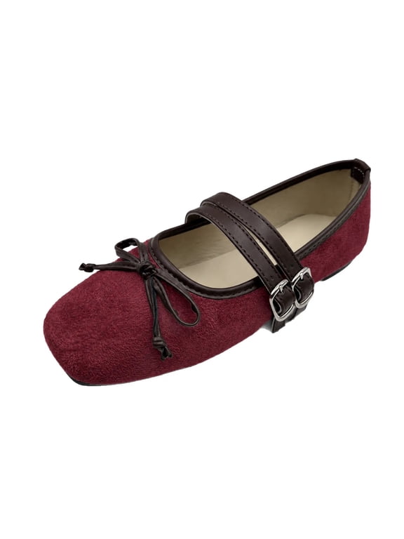 Women's Bow Mary Jane Flats Square Toe Double Buckle Strap Shoes with Cushioned Sole for Work Causal Burgundy